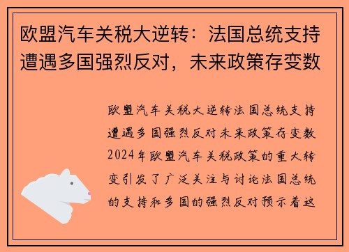 欧盟汽车关税大逆转：法国总统支持遭遇多国强烈反对，未来政策存变数