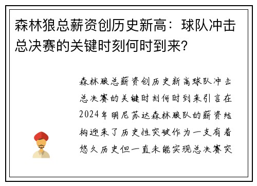 森林狼总薪资创历史新高:球队冲击总决赛的关键时刻何时到来? 森林狼总薪资创历史新高:球队冲击总决赛的关键时刻何时到来?