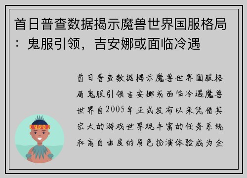 首日普查数据揭示魔兽世界国服格局：鬼服引领，吉安娜或面临冷遇