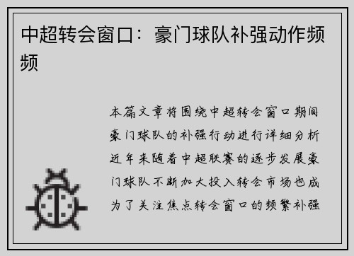 中超转会窗口：豪门球队补强动作频频