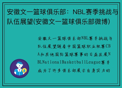 安徽文一篮球俱乐部：NBL赛季挑战与队伍展望(安徽文一篮球俱乐部微博)