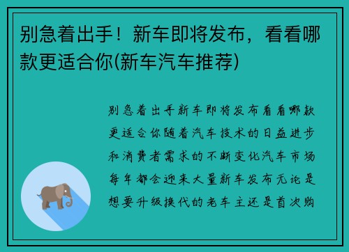 别急着出手！新车即将发布，看看哪款更适合你(新车汽车推荐)